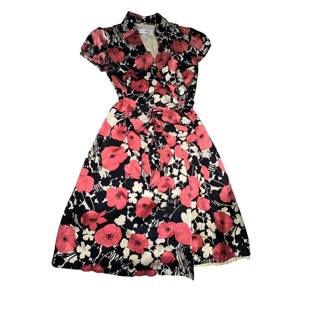 Sara Campbell 100% Silk Red Poppy‎ Print Belted Wrap Dress Size 4